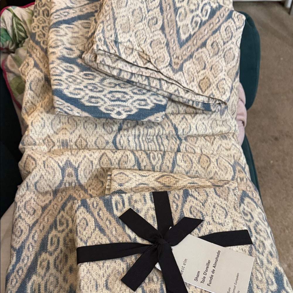 West Elm Blue and Cream Patterned Bedding